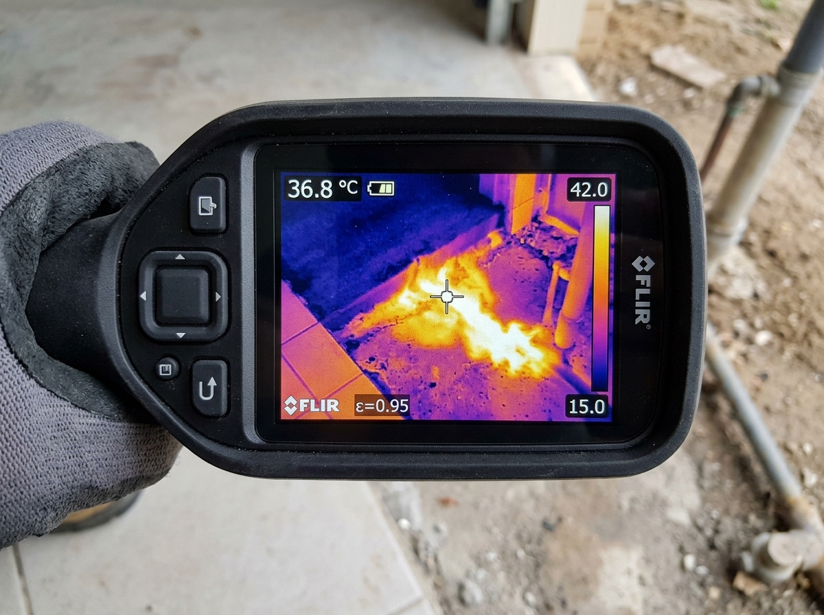 Thermal imaging scan revealing hot water line leak under floor in Conroe TX